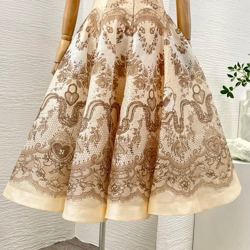 Elegant Floral Print Linen Silk Cut Out Strapless Midi Dress for Women